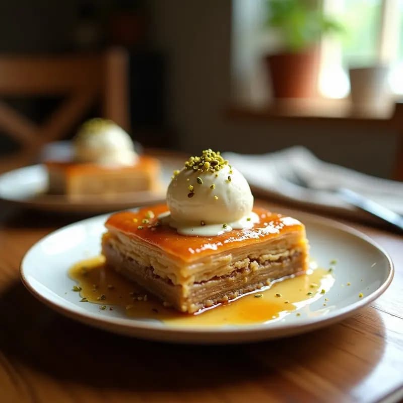 Baklava de Nueces y Miel con Helado de Vainilla: Postre Árabe Gourmet Sin Lactosa