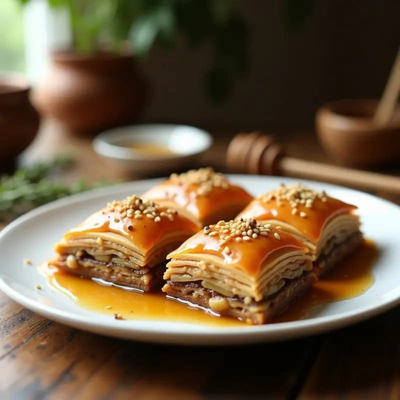 Baklava de Nueces y Miel de Tomillo: Postre Griega con Toque Aromático