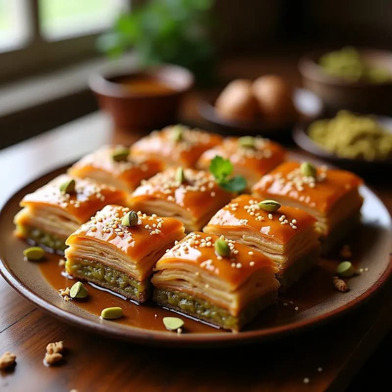 Baklava de Nueces y Pistacho: Postre Árabe con Miel y Canela en Horno