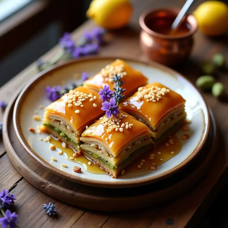 Baklava de Nueces y Pistachos con Miel de Lavanda: Postre Turco Gourmet Sin Harina