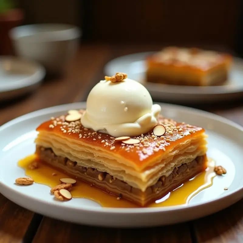 Baklava de Nuez y Miel con Helado de Vainilla: Postre Turco Crujiente y Dulce