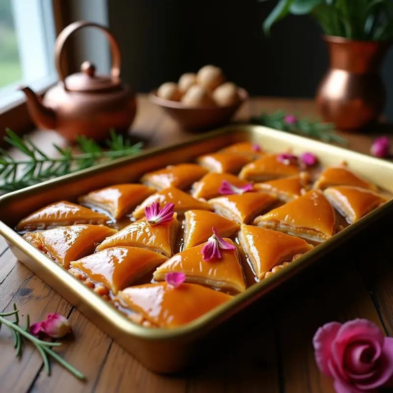 Baklava de Nuez y Rosa con Miel: Postre Turco en Capas Ultra Crujientes