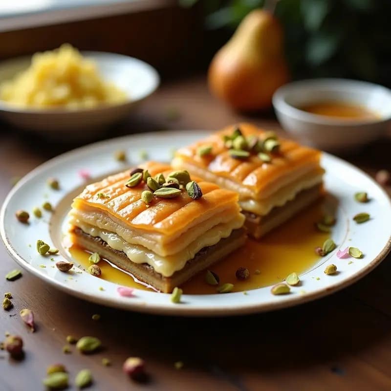 Baklava de Pera y Queso Ricotta: Postre Turco Dulce y Salado con Miel y Pistacho