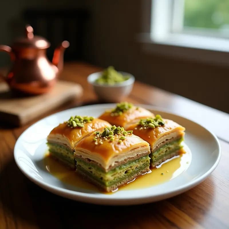 Baklava de Pistacho y Miel con Hojas de Filo Integral: Postre Turco Sin Azúcar Refinada