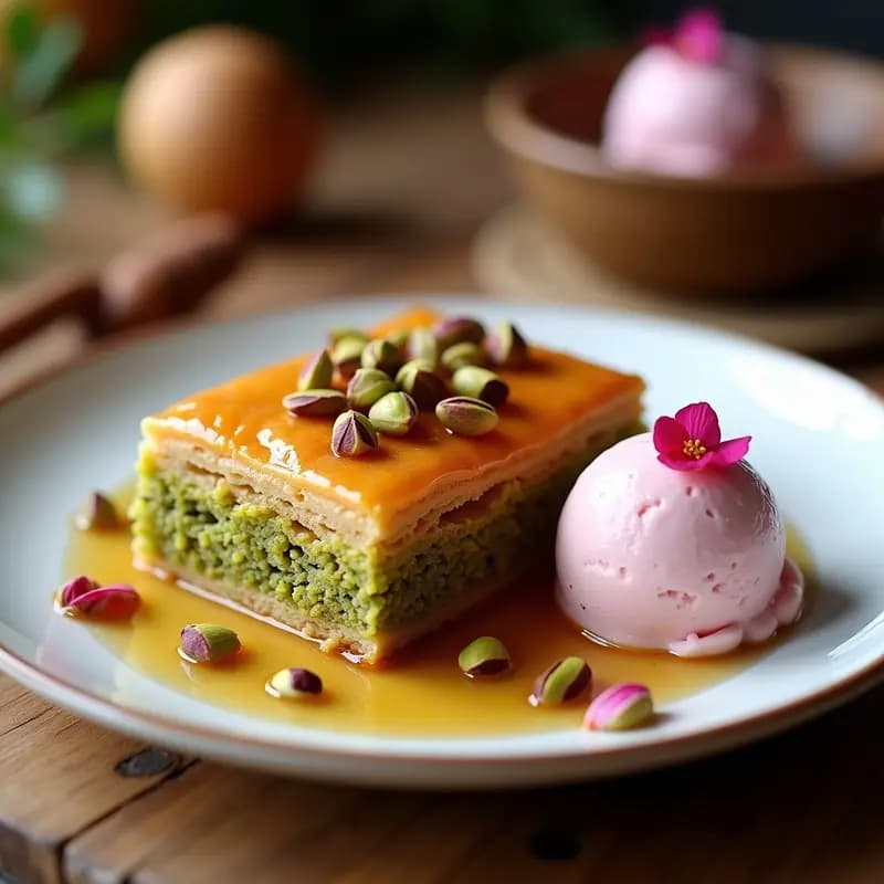 Baklava de Pistacho y Miel con Helado de Rosa: Postre Turco-Iraní Elegante y Dulce