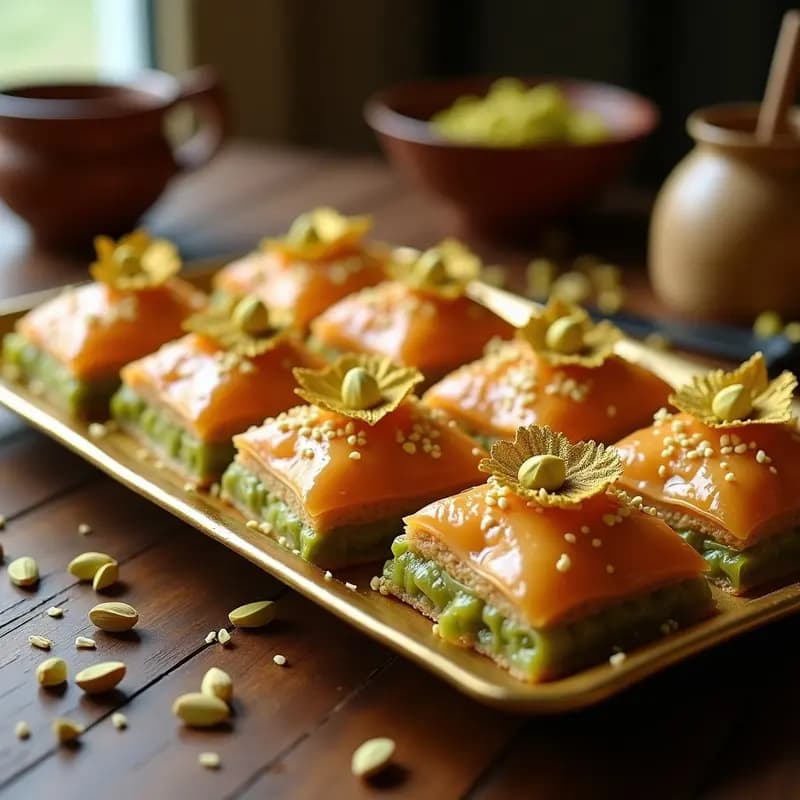 Baklava de Pistacho y Miel con Hoja de Oro Comestible: Postre Turco de Lujo Sin Lácteos