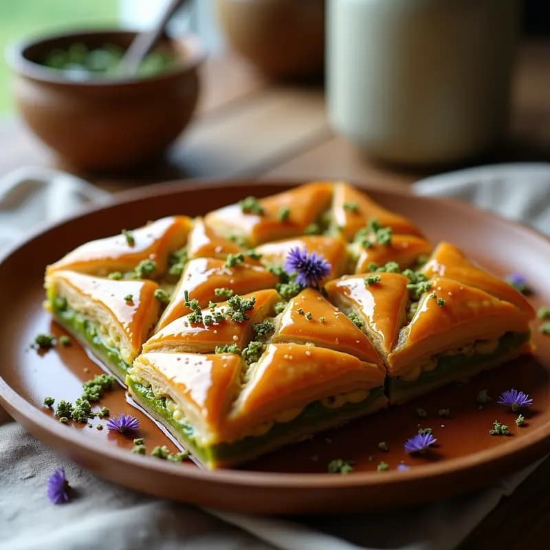 Baklava de pistacho y miel de lavanda: Postre griego vegano con masa filo sin huevo