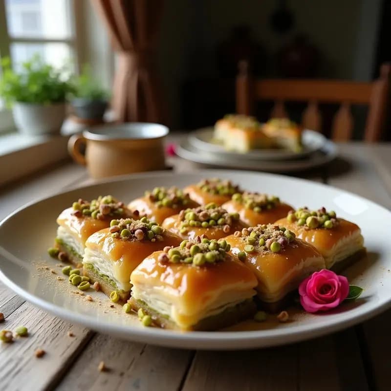 Baklava de Pistacho y Miel: Postre Griego con Toque de Rosa y Cardamomo