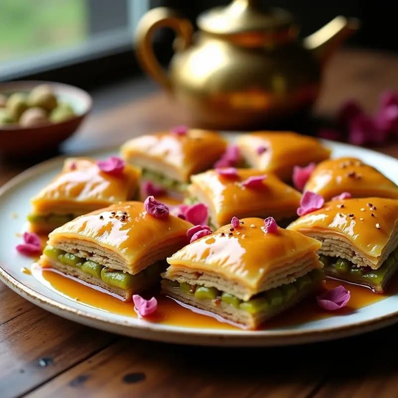 Baklava de Pistacho y Rosa de Damasco: Postre Persa con Capas de Masa Filo y Sirope de Agua de Rosas