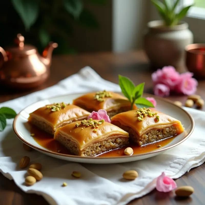 Baklava de Pistacho y Rosa con Almíbar de Dátiles: Postre Persa Sin Azúcar Refinada