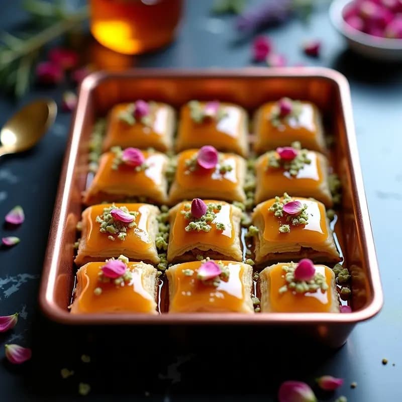 Baklava de Pistacho y Rosa con Miel de Lavanda: Postre Persa Gourmet y Sin Harina