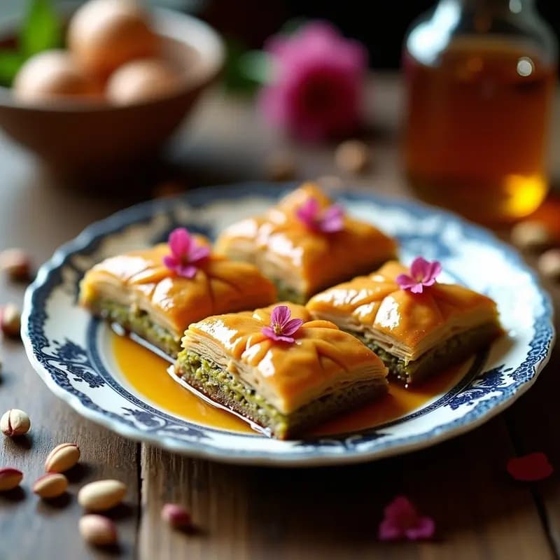 Baklava de Pistacho y Rosa con Miel de Sidra: Postre Turco-Otomano Sin Horno