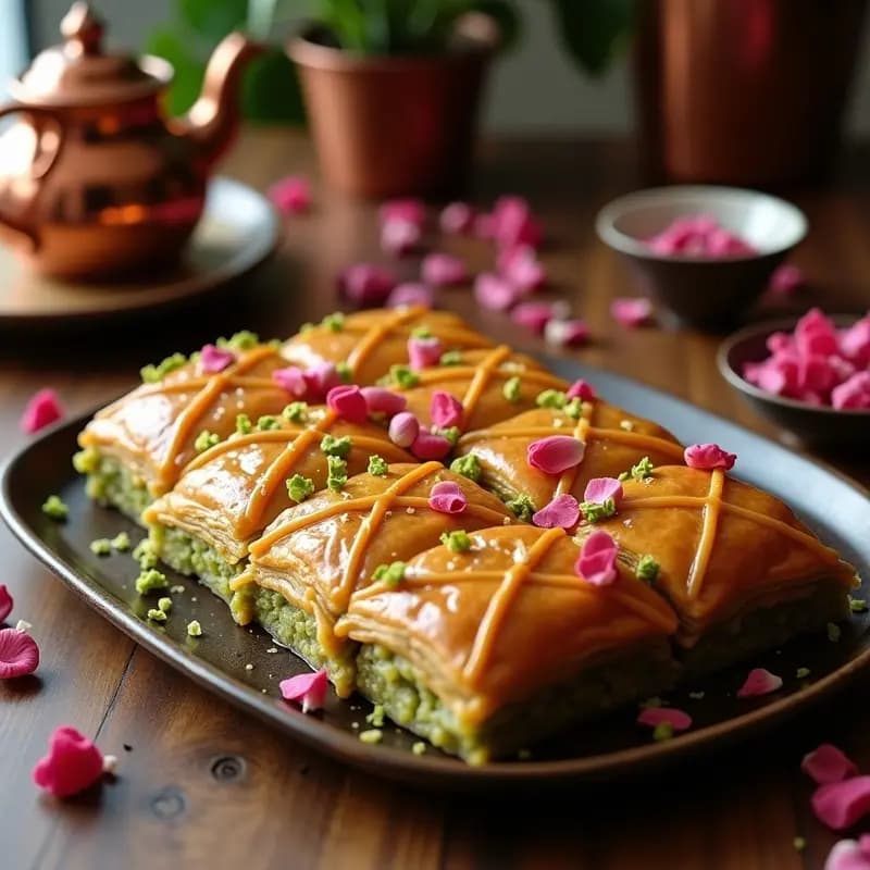 Baklava de Pistacho y Rosa: Postre Turco Tradicional con Miel y Agua de Azahar