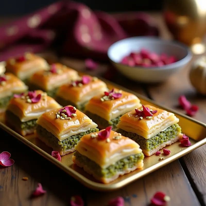 Baklava de Pistacho y Rosa: Postre Turco Crujiente y Dulce en Capas