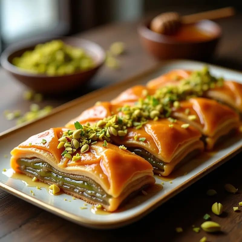 Baklava de Pistacho y Rosenwater: Postre Turco con Capas de Filo y Almíbar de Azahar