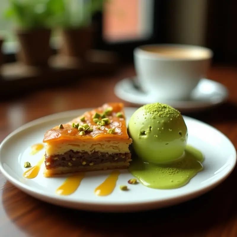 Baklava de Pistachos y Miel de Dátil con Helado de Té Verde: Postre Turco-Iraní Sin Harina