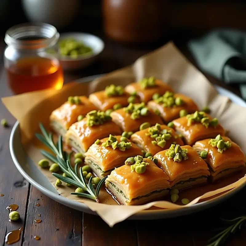Baklava de Pistas y Miel de Romero: Postre Turco Crujiente en Horno