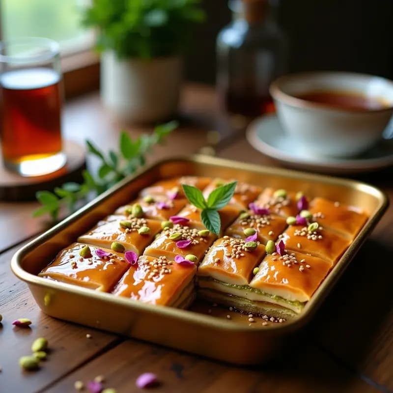 Baklava de Pistachos y Rosa con Jarabe de Arce: Postre Turco Sin Refinar