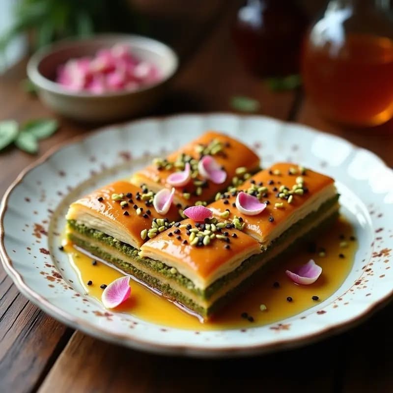 Baklava de Pistachos y Rosa: Postre Turco con Miel de Flores Silvestres