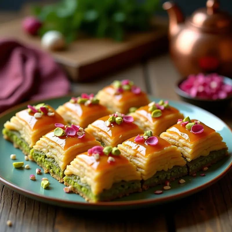 Baklava de Pistachos y Rosa Turca: Postre Tradicional con Miel y Hojas de Filo Crujientes