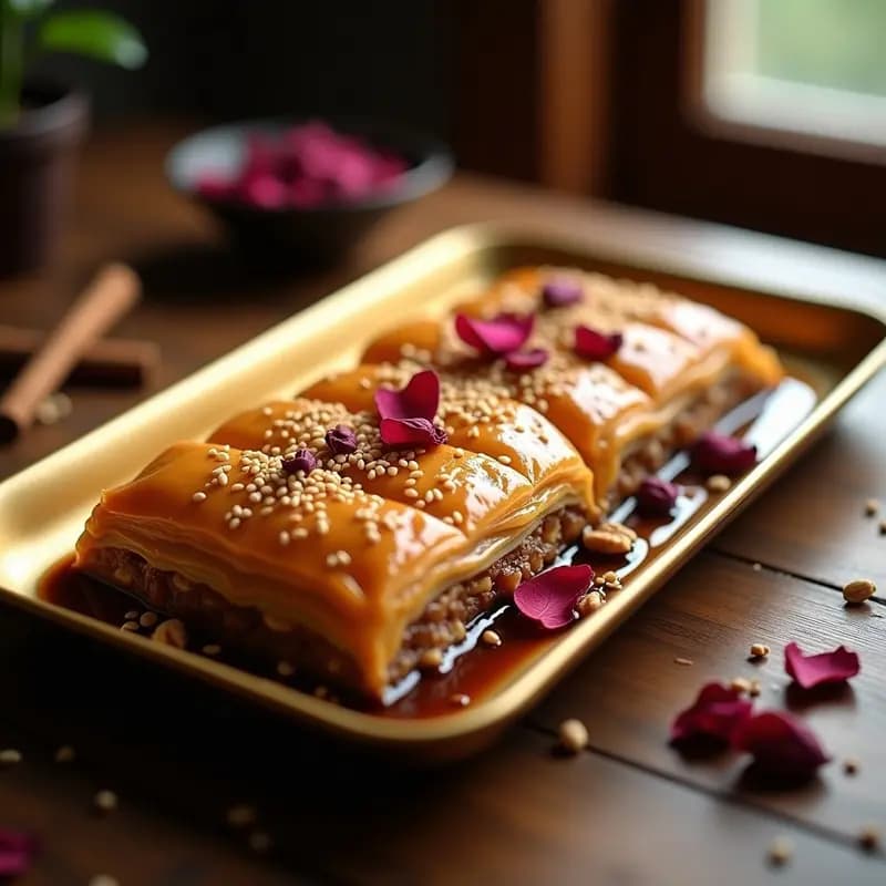 Baklava Turca con Nuez y Jarabe de Dátil: Postre Sin Azúcar Refinado y Crujiente
