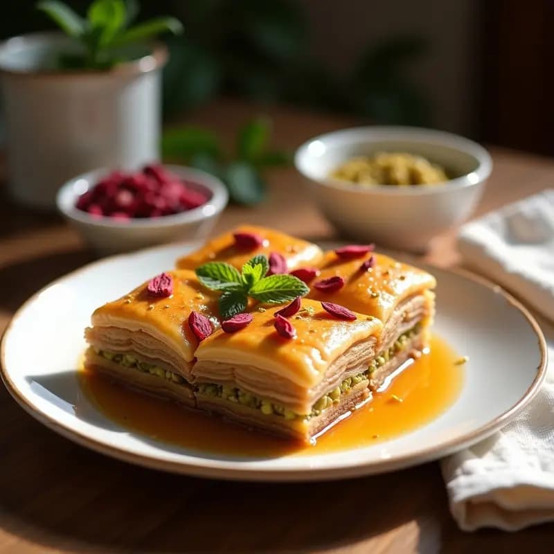 Baklava Turca de Pistacho y Rosa: Postre Tradicional Sin Azúcar con Eritritol