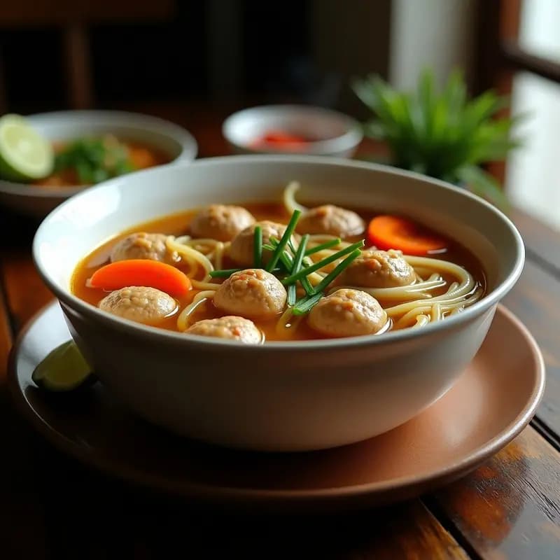 Bakso Indonesio con Albóndigas de Cerdo y Fideos: Sopa Reconfortante en Olla Lenta