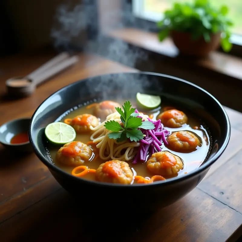 Bakso Indonesio en Caldo de Fideos: Albóndigas Especiadas al Estilo Callejero