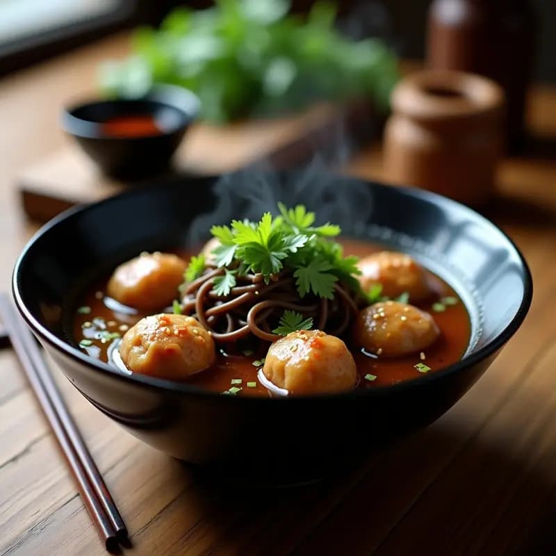 Bakso Indonecio de Carne Molida y Fideos Soba: Albóndigas en Caldo Sabroso