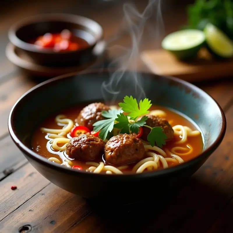 Bakso Indonesio de Carne de Res y Fideos de Arroz: Albóndigas en Caldo Especiado