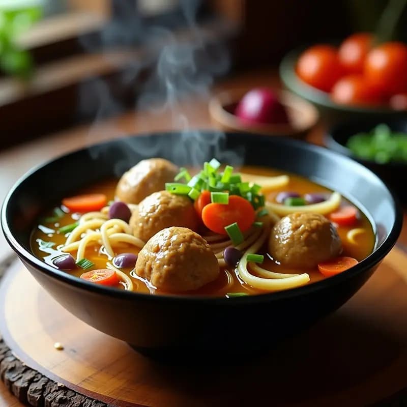 Bakso de Res en Sopa Caliente: Albóndigas Indonesianas con Fideos y Verduras