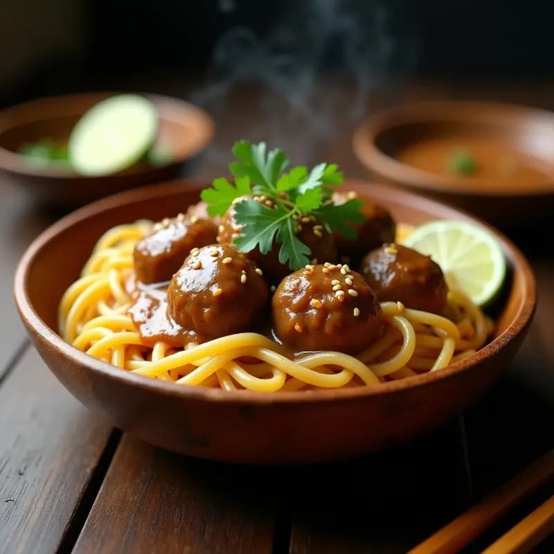Bakso Indonesio con Salsa Satay y Fideos de Trigo: Receta Callejera en 25 Minutos