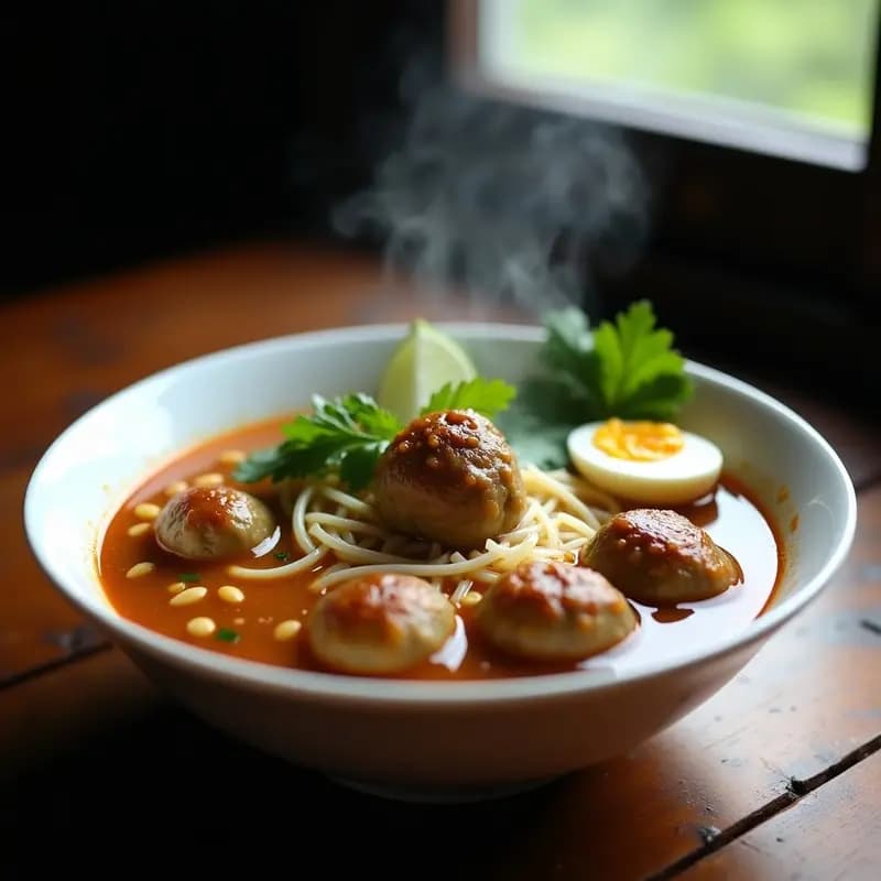 Bakso Indonesio de Ternera y Fideos de Arroz: Albóndigas en Sopa Aromática