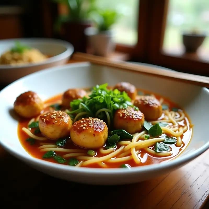 Bakso de Tofu y Espinacas con Fideos de Arroz: Receta Indomesia Vegana y Alta en Hierro
