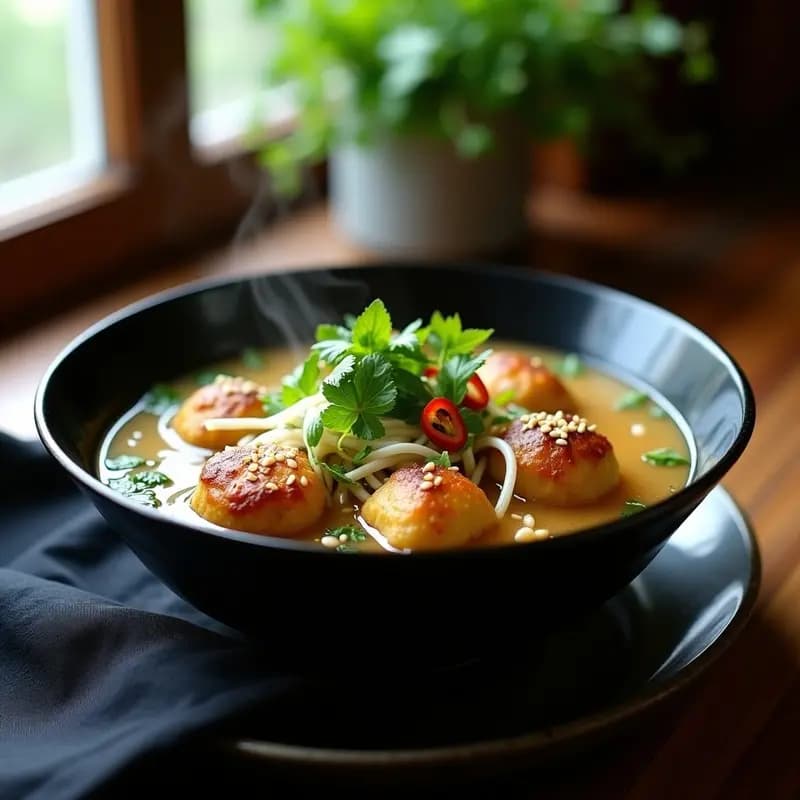 Bakso Indonecio de Tofu y Pho: Albanas Veganas en Caldo de Jengibre