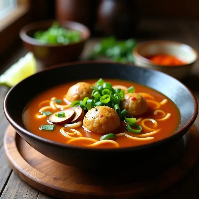 Bakso Indonesian de Tofu y Setas: Albóndigas Veganas en Sopa de Fideos con Toque de Tamarindo