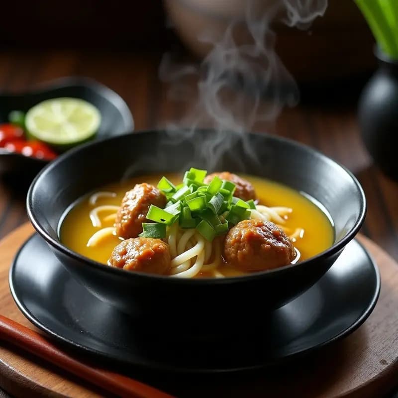 Bakso Urat Indonesio con Sopa de Fideos y Albóndigas de Carne: Receta Callejera y Sabrosa