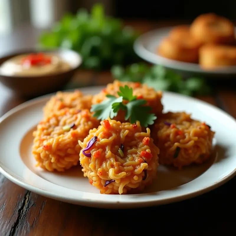 Bakwan indonesio de fideos de arroz y tofu: Aperitivo frito vegano y crujiente