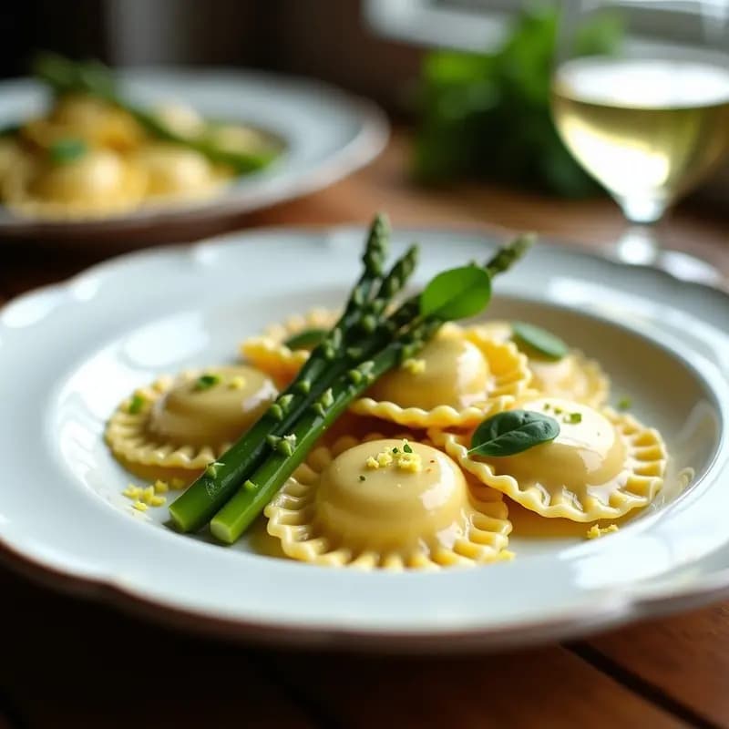 Ballarine de Ricotta y Espárragos: Ravioli Italianos Caseros con Salsa de Limón