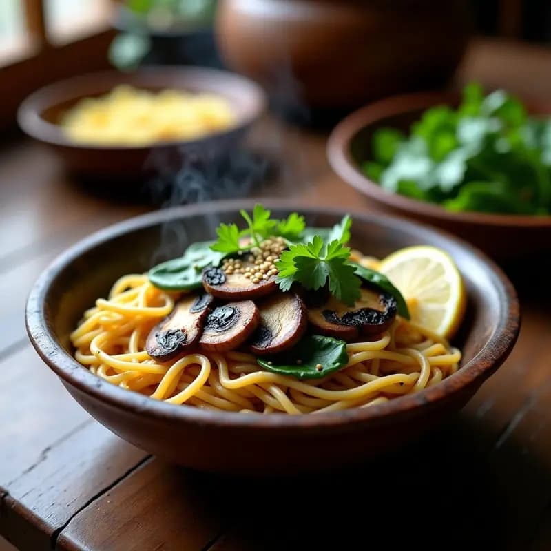 Bándomee de Fideos de Trigo Sarraceno con Champiñones: Receta Tíbetana Vegana