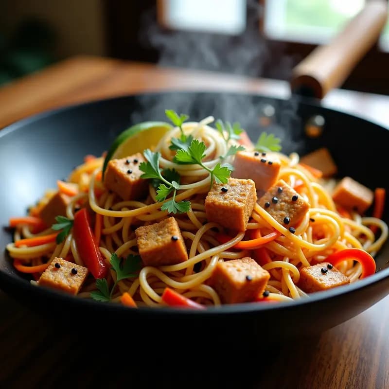 Bami Goreng Indonecio con Fideos de Arroz y Tempeh: Salteado Vegano y Sin Gluten en Wok