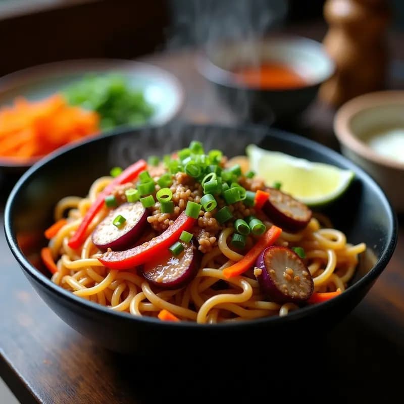 Bami Goreng: Fideos Indonecios Salteados con Cerdo y Verduras en Wok