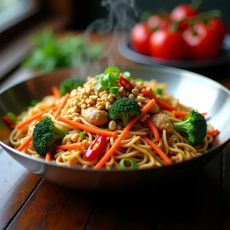 Bami Goreng de Fideos de Arroz con Pollo y Verduras: Receta Indonesa en Wok