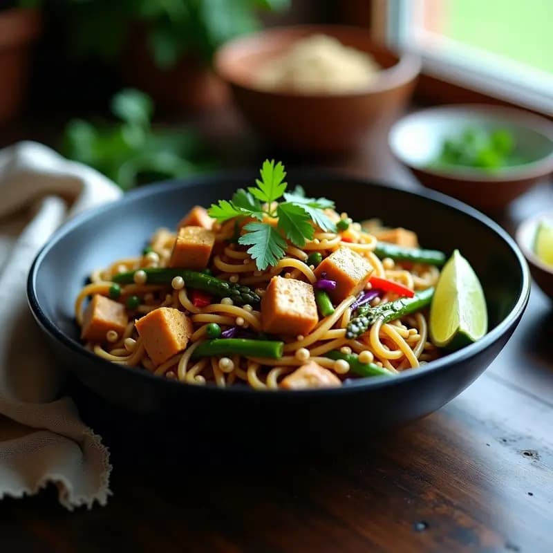 Bami Goreng de Fideos y Verduras con Salsa de Maní: Receta Indonesa Vegana y en Sartén