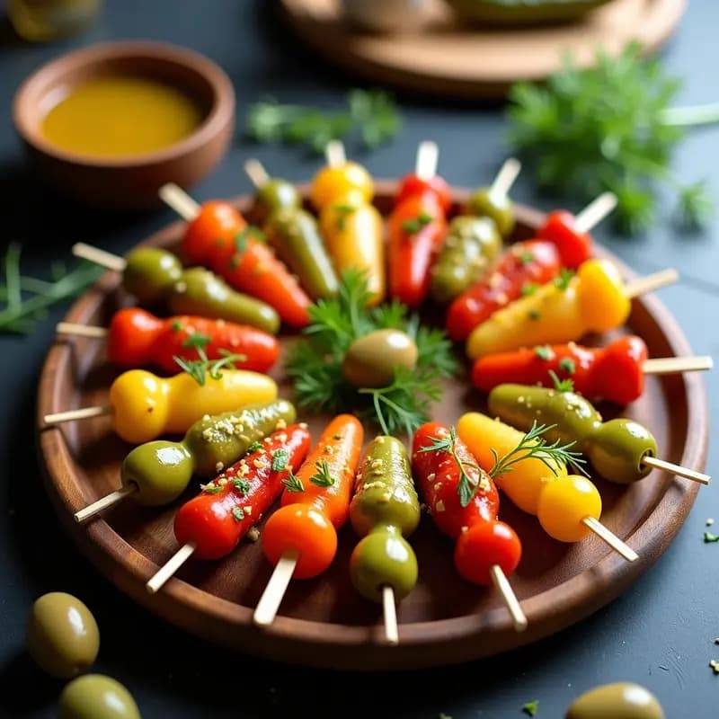 Bandarillas de Encurtidos con Vinagreta de Miel y Mostaza: Aperitivo Español Vegano y Rápido