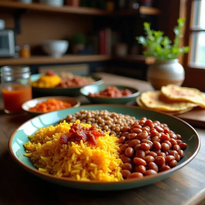 Bandeja Paisa Vegana: Frijoles, Arroz, Chorizo Vegetal y Plátano Maduro en 40 Minutos