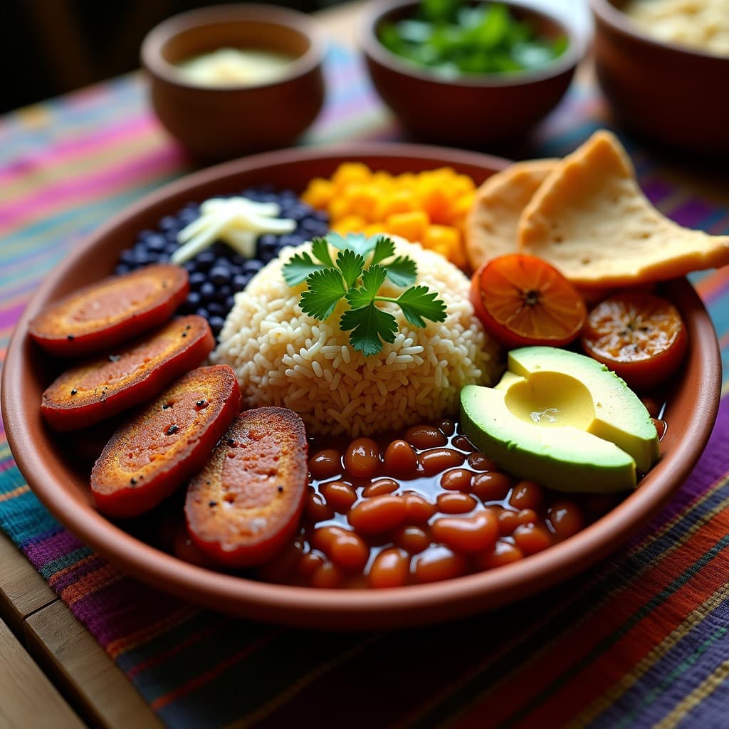 Bandeja Paisa Vegana con Chorizo de Seitan y Arepa de Maíz Azul: Receta Colombiana Sin Gluten