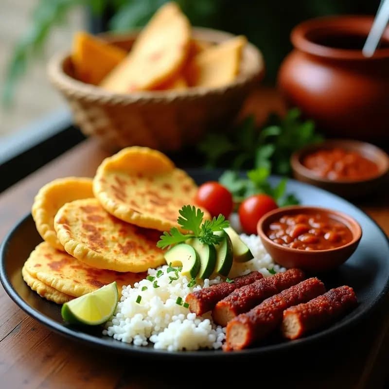 Bandeja Paisa Vegana con Arepas, Frijoles y Chorizo de Seitan: Receta Colombiana Alta en Proteína