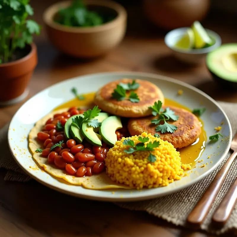 Bandera Paisa Vegana: Platos Colombianos con Arepa, Frijoles y Aguacate