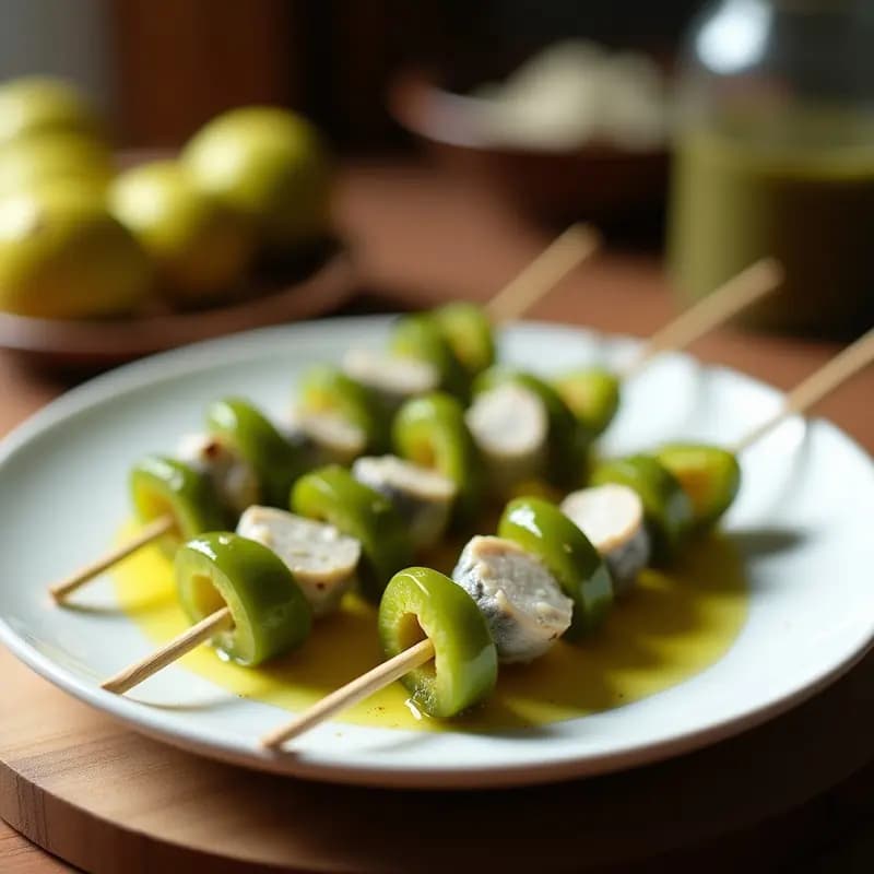 Banderillas de cebollino, guindilla y anchoa: Tapa fría española picante y sabrosa